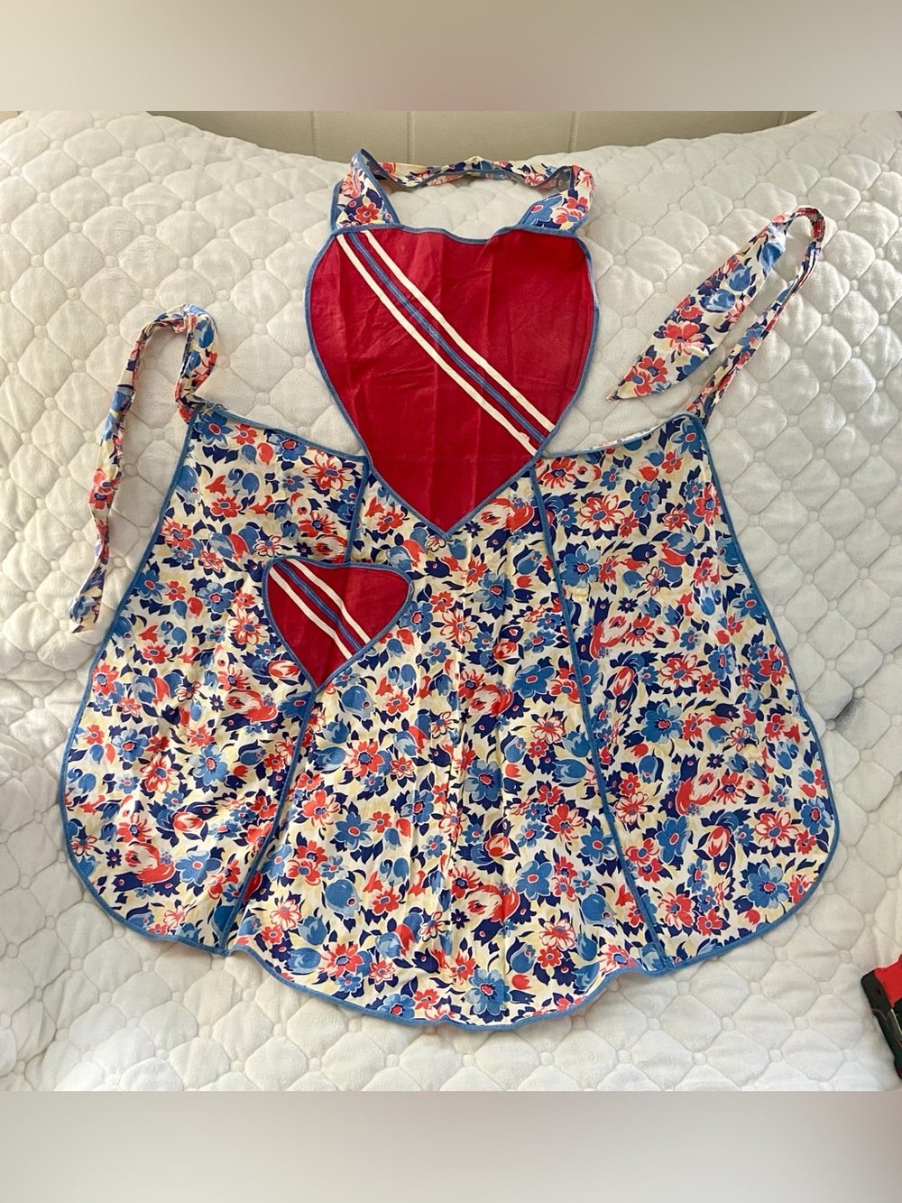 Vintage 50’s Apron with Red Heart Bib with diagonal stripes and floral apron